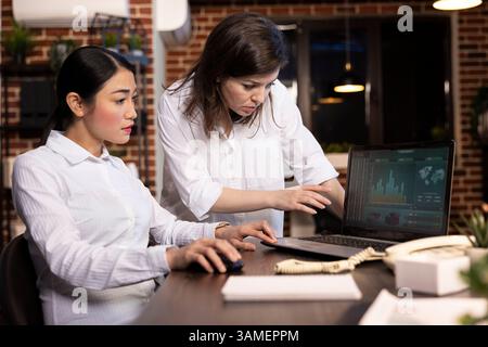 Diverses collègues féminines travaillent ensemble à un bureau, analysant les graphiques financiers sur ordinateur portable. La responsable caucasienne se tient debout et explique les détails tandis que son collègue asiatique écoute attentivement, engagé dans la discussion. Banque D'Images