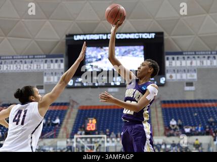 23 mars 2014 - Storrs, CT, USA - dimanche 23 mars 2014 : L'attaquante des Lady Panthers de Prairie View Larissa Scott (22) tire sur le centre Huskies de l'UConn Kiah Stokes (41) pendant la première mi-temps du 1er tour du championnat de basket-ball féminin de la NCAA entre Prairie View et UConn au pavillon Gampel à Storrs, CT. Bill Shettle / Cal Sport Media. (Crédit image : © Bill Shettle/Cal Sport Media/ZUMAPRESS.com) Banque D'Images
