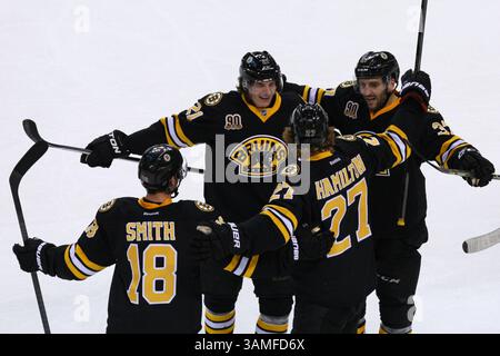 24 mars 2014 - Boston, Massachusetts, États-Unis - 24 mars 2014 : Reilly Smith (18 ans), Loui Eriksson (21 ans), le défenseur Dougie Hamilton (27 ans) des Bruins de Boston et Patrice Bergeron (37 ans), centre des Bruins de Boston, célèbrent un but de troisième période dans la LNH entre les Canadiens de Montréal et les Bruins de Boston à TD Garden. Anthony Nesmith/CSM(image crédit : © Anthony Nesmith/Cal Sport Media/ZUMAPRESS.com) Banque D'Images