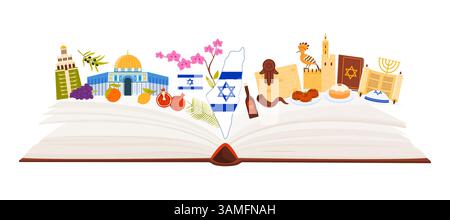 Éléments de la culture israélienne et symboles du judaïsme, repères et nourriture des fêtes juives, étude de la langue dans le collage infographique avec livre de guide ouvert et carte avec drapeau, illustration vectorielle de dessin animé Torah Illustration de Vecteur