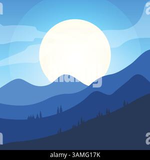 Montagne minimaliste, nuit de lune, papier peint bleu foncé, fond de paysage abstrait minimal Illustration de Vecteur