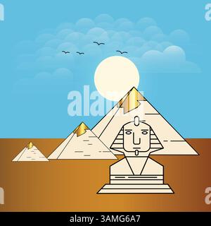 Gizeh pyramides égyptiennes antiques, chameaux, oiseaux de coucher du soleil dans les nuages avec fond bleu, illustration art. Illustration de Vecteur