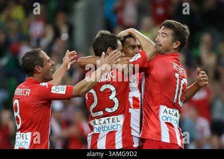 Mars 1, 2014 - Melbourne, Victoria, Australie - David WILLIAMS of the Heart célèbre son but dans le match de la ronde 21 entre Melbourne Heart et Melbourne Victory dans la saison 2013-24 de Hyundai A-League australienne à AAMI Park, Melbourne, Australie. (Crédit image : © Sydney Low/ZUMAPRESS.com) Banque D'Images