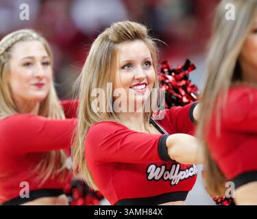 26 janvier 2014 - Raleigh, Caroline du Nord, U. S - Une cheerleader de Wolfpack de Caroline du Nord danse pendant le jeu à la PNC Arena à Raleigh, N.C. entre le Wolfpack de Caroline du Nord et les Jackets jaunes Georgia Tech. (Crédit image : © Wes Hight/ZUMAPRESS.com) Banque D'Images