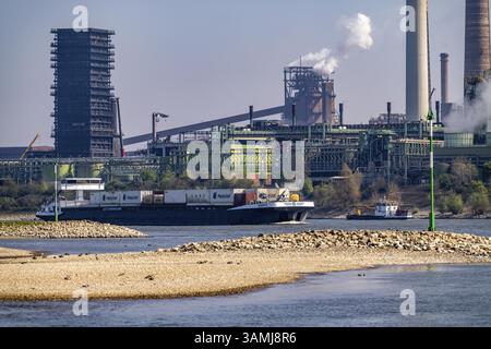 Bas niveau d'eau sur le Rhin, après la marche la plus sèche et la plus chaude depuis le début des records météorologiques, les berges sont sèches, les bancs de sable dans le fleuve, la navigation peut Banque D'Images