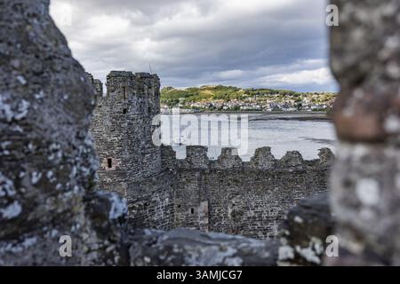 Château de Conwy, vue à travers une ouverture altérée dans le mur du château aux ruines du château médiéval avec des tours, en arrière-plan la rivière, Conwy Banque D'Images