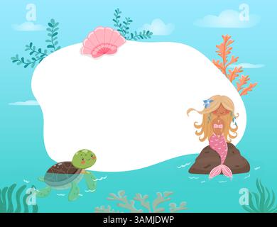Cadre vectoriel avec sirène assise sur la roche et la tortue de mer Illustration de Vecteur