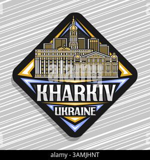 Logo vectoriel pour Kharkiv, panneau routier décoratif sombre en losange avec illustration détaillée du paysage urbain nocturne de kharkiv, réfrigérateur mag Illustration de Vecteur