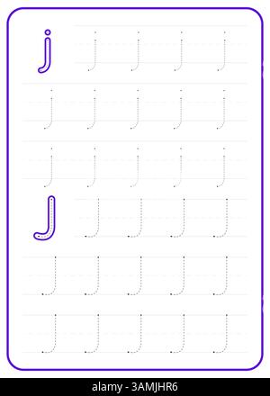 Traçage lettre J. Une feuille de travail pour la pratique de l'écriture des enfants. Conception vectorielle. Illustration de Vecteur