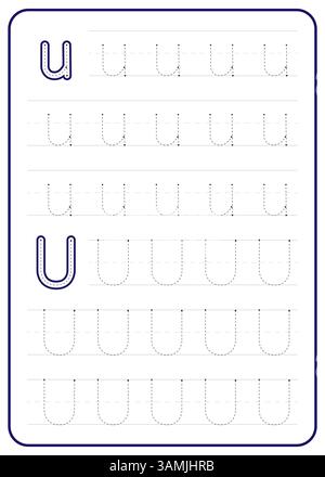 Traçage lettre U. Une feuille de travail pour la pratique de l'écriture des enfants. Conception vectorielle. Illustration de Vecteur