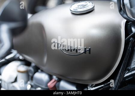 Filderstadt, Allemagne. 13 avril 2025. Le logo du fabricant de motos britannique Triumph peut être vu sur une moto lors de la journée portes ouvertes du concessionnaire de motos Limbächer. Crédit : Silas Stein/dpa/Alamy Live News Banque D'Images