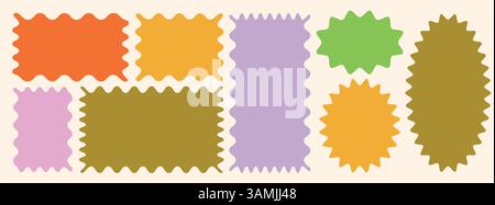 Collection de cadres carrés arrondis bord zigzag. Autocollant dentelé ou ensemble de timbres avec des bords ondulés. pour la conception de la zone de texte, badge. Illustration de Vecteur