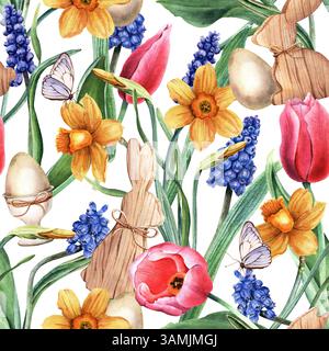 Motif aquarelle de Pâques sans couture avec jonquilles jaunes, narcissi, tulipes roses, jacinthe de raisin bleu, muscari, décoration lapin en bois, oeufs Banque D'Images