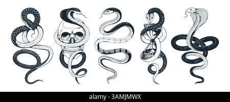 Ensemble de serpent noir. Tatouage de peau de vipère, contour de mamba reptile en style rock. Peau de serpent venimeux pour chemise, impression grunge japonaise. Animal abstrait de style oriental, symbole spirituel. Éléments isolés vectoriels Illustration de Vecteur