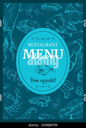 Menu de restaurant de fruits de mer. Conception de brochure sur les fruits de mer. Croquis de poisson et d'huître. Délicatesse homard. Cuisson du crabe océanique. Saumon délicieux. Dessin de crevettes et coquillages. Modèle de bannière bleue vectorielle pour repas gastronomique Illustration de Vecteur