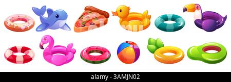 Jouets pour piscines. Anneau de plage. Bouées gonflées. Partie natation. Flamant rose gonflable d'été. Canard d'eau en caoutchouc ou animal licorne rose. Boule flottante. Donut an Illustration de Vecteur