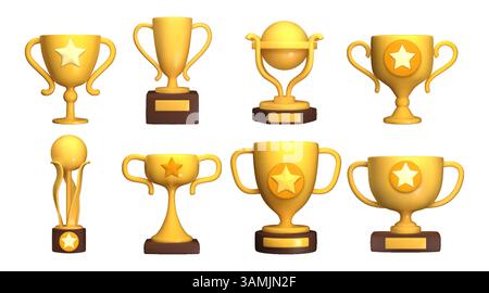 Ensemble de trophées. Icône de récompense gagnant 3D, médaille de champion ou prix de victoire en or. Étoile de jeu sportif premium. Gobelet de victoire jaune en compétition. Symbole du meilleur succès. Rendu vectoriel d'éléments isolés brillants Illustration de Vecteur