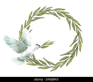 Pigeon avec branche vert olive. Colombe blanche volante, symbole de paix, signe religieux. Couronne d'aquarelle illustration dessinée à la main. Modèle de cercle Banque D'Images