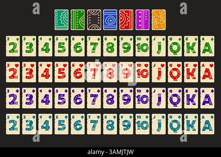 Cartoon jeu complet de cartes à jouer dans le style aztèque. Set avec des cartes isolées pour l'interface utilisateur de jeu de poker ou de solitaire. Jeu complet de cartes de dessin animé. Chaque carte est sur Illustration de Vecteur