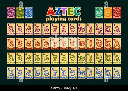 Jeu complet de cartes à jouer dans le style aztèque. Set avec des cartes isolées pour l'interface utilisateur de jeu de poker ou de solitaire. Jeu complet de cartes de dessin animé. Chaque carte se trouve sur un Illustration de Vecteur