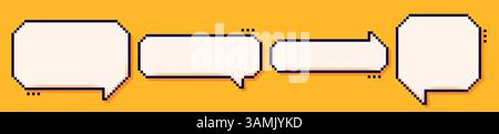 Bulles de parole de quatre pixels dessinées dans le style 8 bits sur fond jaune. Illustration de Vecteur