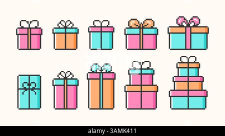 Collection de boîtes-cadeaux Pixel art. Icônes colorées de cadeaux de vacances avec des arcs. Illustration vectorielle Illustration de Vecteur
