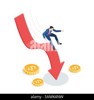 homme d'affaires vecteur isométrique tombant vers le bas de la flèche et des pièces de monnaie couchées avec l'icône du dollar, en couleur sur fond blanc, crise financière ou faillite Illustration de Vecteur