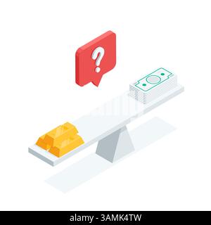 lingots d'or vectoriel isométrique et billets de banque sur différentes extrémités de la balance et un point d'interrogation, en couleur sur un fond blanc, or ou argent quoi ch Illustration de Vecteur