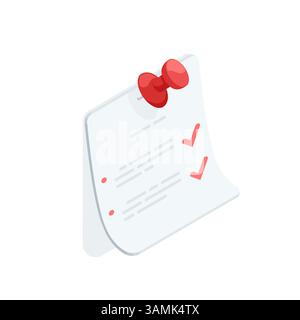 feuille de papier vectoriel isométrique avec une liste complète épinglée au mur avec une épingle, en couleur sur un fond blanc, liste de tâches ou annonce Illustration de Vecteur