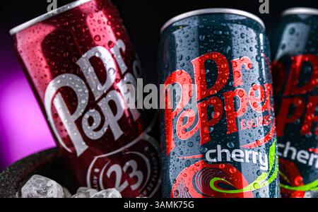POZNAN, POL - APR 01, 2025 : canettes de Dr Pepper, une boisson gazeuse Banque D'Images
