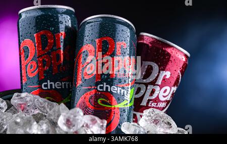 POZNAN, POL - APR 01, 2025 : canettes de Dr Pepper, une boisson gazeuse Banque D'Images