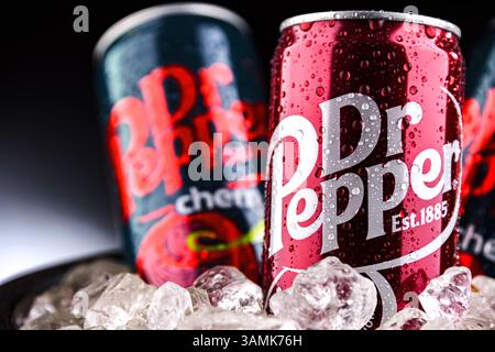 POZNAN, POL - APR 01, 2025 : canettes de Dr Pepper, une boisson gazeuse Banque D'Images
