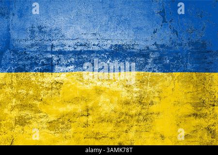 Drapeau de l'État ukrainien. Sale drapeau de l'État de l'Ukraine sur le mur. Texture de mur grunge Banque D'Images
