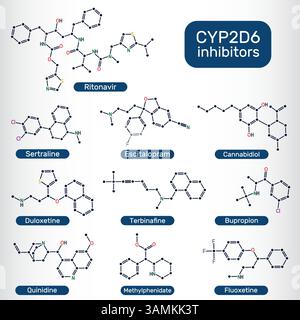 Inhibiteurs du CYP2D6. Terbinafine, cannabidiol, escitalopram, fluoxétine, quinidine, duloxétine, sertraline, bupropion, méthylphénidate, ritonavir moléculaire Illustration de Vecteur
