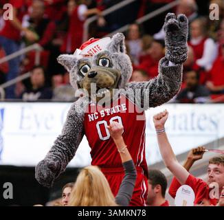4 janvier 2014 - Raleigh, Caroline du Nord, U. S - la mascotte du Wolfpack de Caroline du Nord encourage la foule pendant le jeu à la PNC Arena de Raleigh, N.C. entre le Wolfpack de Caroline du Nord et les Panthers de Pittsburgh. (Crédit image : © Wes Hight/ZUMAPRESS.com) Banque D'Images