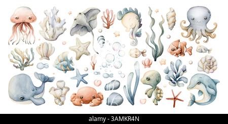Sea animals and plants clipart. Cute Ocean Marine inhabitants set. Adorable underwater world creatures. Watercolor hand painted isolated illustration Banque D'Images