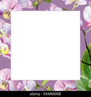 cadre blanc sur fond de fleurs d'orchidée rose et violet aquarelle, bourgeons et feuilles vertes, plante tropicale dessinée à la main, croquis floral de fleur de fleur Banque D'Images