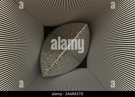 Design noir et blanc unique avec une forme ovale texturée avec des lignes radiales s'étendant vers l'extérieur Banque D'Images