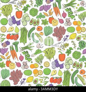 Modèle sans couture de légumes et de fruits. Les ingrédients alimentaires colorés répètent la conception pour les produits agricoles, magasin végétarien d'étiquette de marché. Illustration de Vecteur