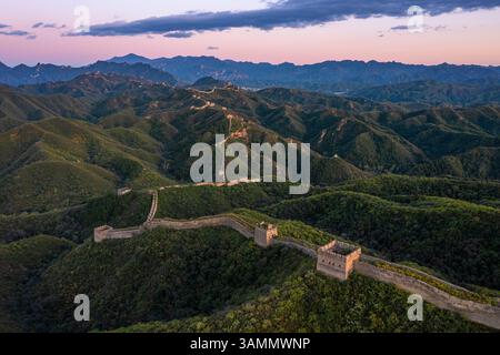 Vue aérienne de la majestueuse vieille Grande Muraille entourée de montagnes tranquilles et de paysages pittoresques, Jinshanling, Chine. Banque D'Images