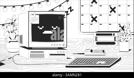 Bureau d'espace de travail confortable avec contour d'illustration lofi ordinateur rétro Illustration de Vecteur