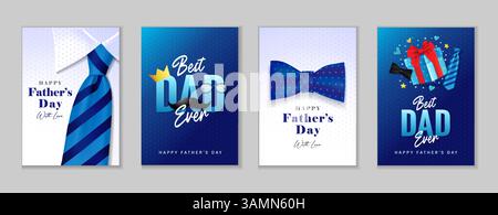 Meilleur papa de tous les temps, ensemble de cartes de vœux créatives Fathers Day. Modèle d'affiches de voeux de bonne fête des pères avec cravate rayée, noeud papillon, boîte cadeau, moustache Illustration de Vecteur