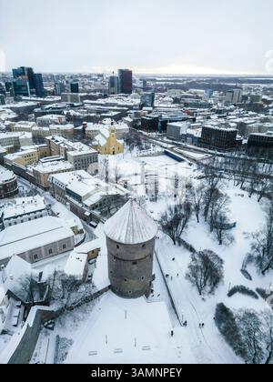 Vue aérienne de la vieille ville enneigée avec architecture médiévale et horizon pittoresque, Tallinn, Harju, Estonie. Banque D'Images