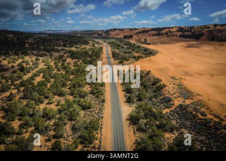 Vue aérienne des dunes de sable rose corail avec une route sinueuse et une végétation clairsemée, Utah, États-Unis. Banque D'Images
