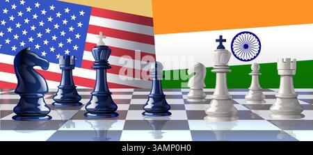 Pièces d'échecs guerre commerciale USA Inde drapeaux échiquier réflexion rivalité stratégique concept de relations internationales concurrence Illustration de Vecteur