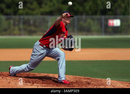 Feb. 20, 2014 - Jupiter, FL, USA - le lanceur Louis Cardinals Shelby Miller lance en entraînement de frappe lors de l'entraînement de pré-saison au Roger Dean Stadium à Jupiter, Floride, le jeudi 20 février 2014. (Crédit image : © David Carson/MCT/ZUMAPRESS.com) Banque D'Images