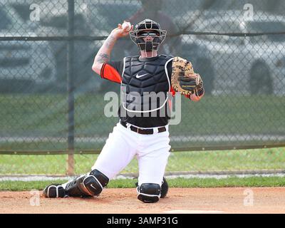 20 février 2014 - Jupiter, FL, USA - Garrod Saltalamacchia, receveur des Marlins de Miami, lors d'un entraînement de printemps au Roger Dean Stadium à Jupiter, Floride, le jeudi 20 février 2014. (Crédit image : © David Santiago/MCT/ZUMAPRESS.com) Banque D'Images