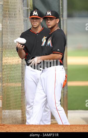 20 février 2014 - Jupiter, FL, États-Unis - Jose Fernandez, à gauche, et Henderson Alvarez des Marlins de Miami lors d'un entraînement de pré-saison au Roger Dean Stadium de Jupiter, Floride, le jeudi 20 février 2014. (Crédit image : © David Santiago/MCT/ZUMAPRESS.com) Banque D'Images
