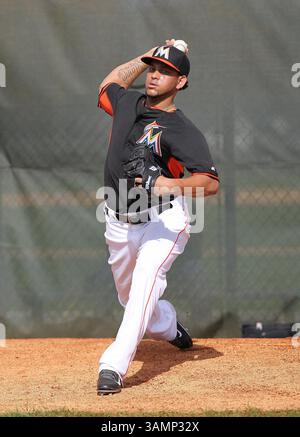 20 février 2014 - Jupiter, FL, USA - le lanceur Miami Marlins Henderson Alvarez lance lors d'un entraînement de printemps au Roger Dean Stadium de Jupiter, Floride, le jeudi 20 février 2014. (Crédit image : © David Santiago/MCT/ZUMAPRESS.com) Banque D'Images