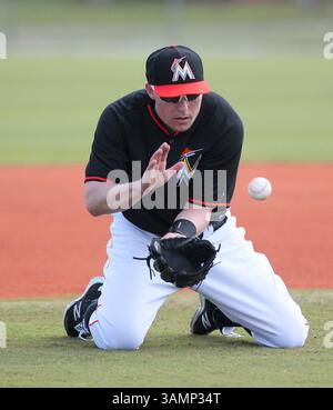 20 février 2014 - Jupiter, FL, États-Unis - Jeff Baker, infidieur des Miami Marlins, au milieu d'exercices de terrain lors d'un entraînement de pré-saison au Roger Dean Stadium à Jupiter, Floride, le jeudi 20 février 2014. (Crédit image : © David Santiago/MCT/ZUMAPRESS.com) Banque D'Images